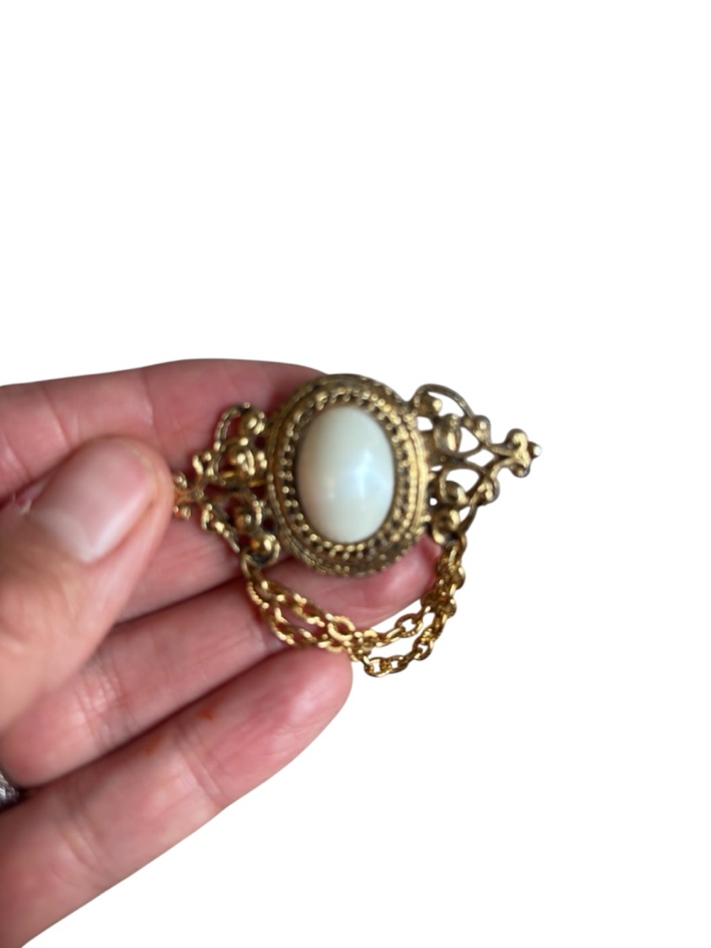 Vintage Gold Tone Brooch Pin White Cabochon Ornate Victorian Revival Chain Drape